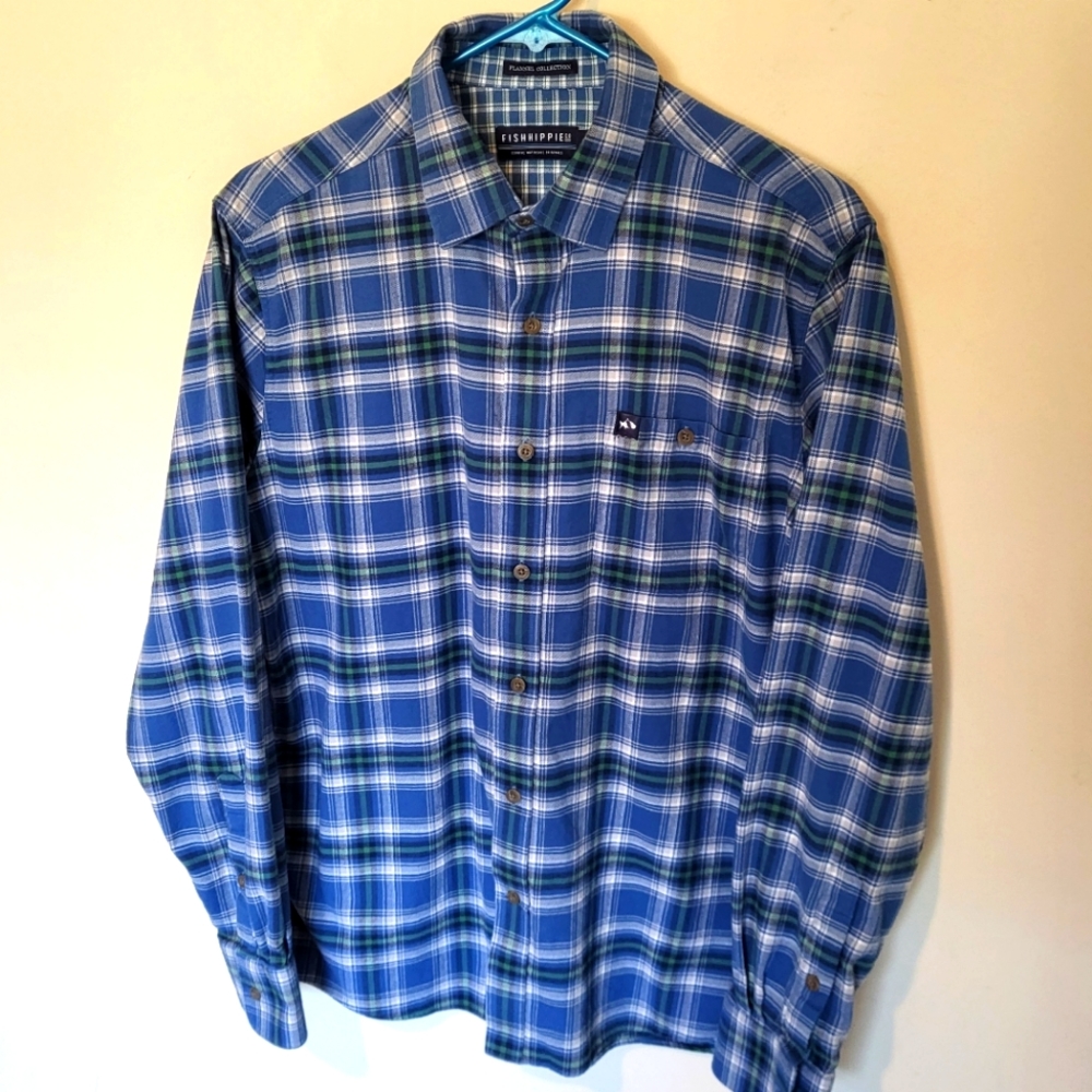 Fish Hippie Flannel Collection Blue Flannel Shirt Size Medium